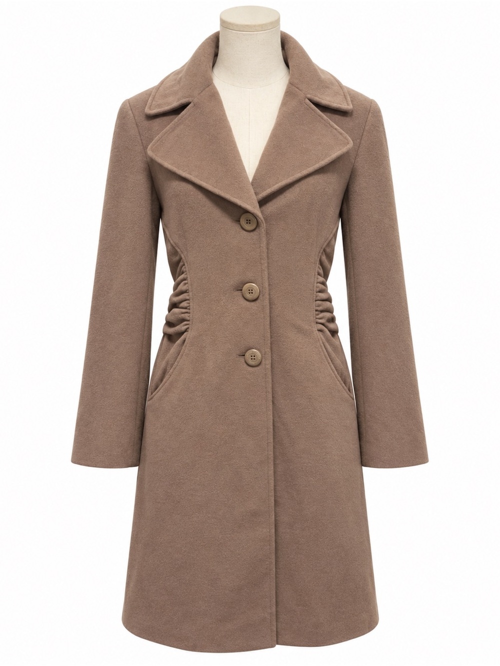 Tahari Wool Blend Tailored Coat Size 8 Mink Taupe Ruched Pocket